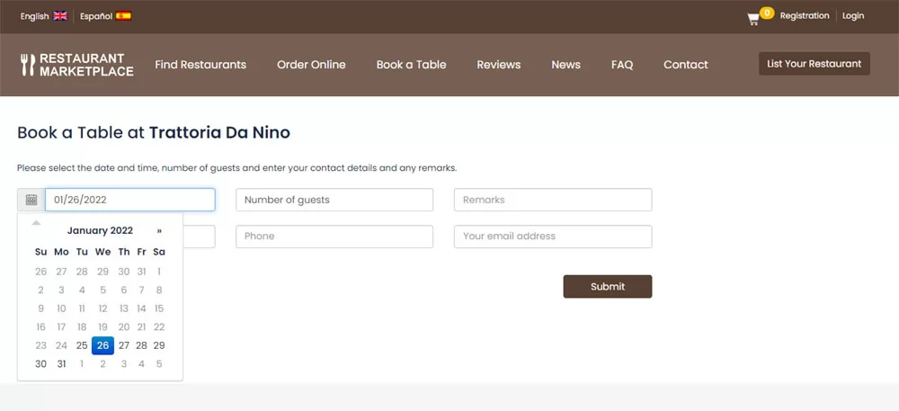 PHP Restaurant Marketplace Script Booking a table at selected restaurant