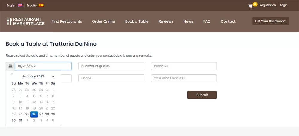 PHP Restaurant Marketplace Script booking a table at selected restaurant