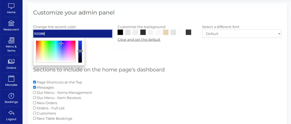 PHP Restaurant Marketplace Script customizing the colors and sections in the restaurant admin panel