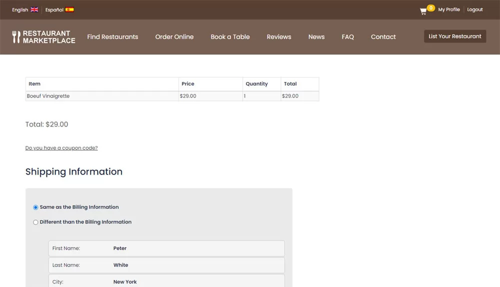 PHP Restaurant Marketplace Script confirming shipping address