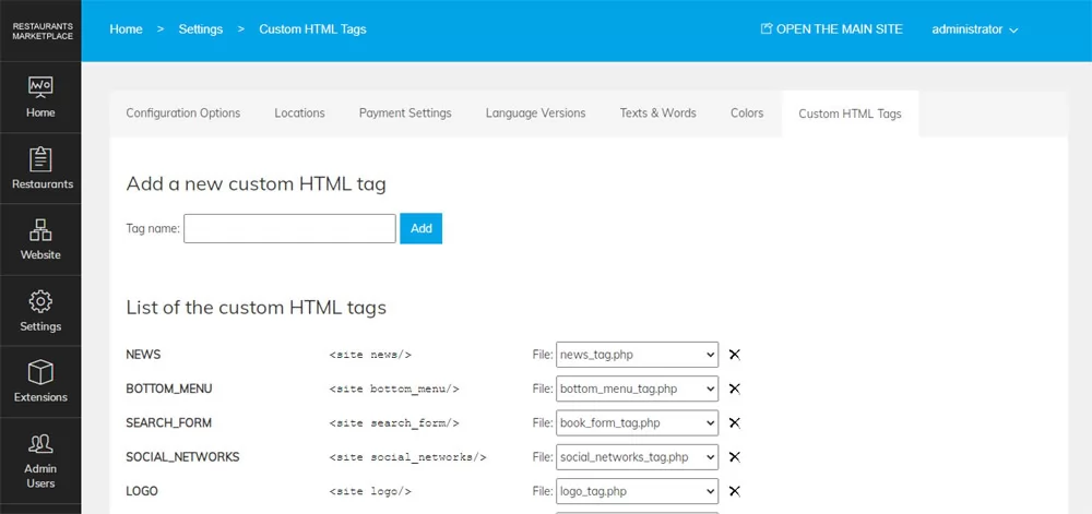 PHP Restaurant Marketplace Script custom html tags