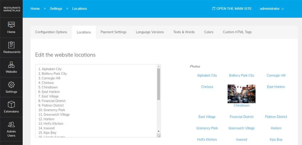 PHP Restaurant Marketplace Script editing website locations