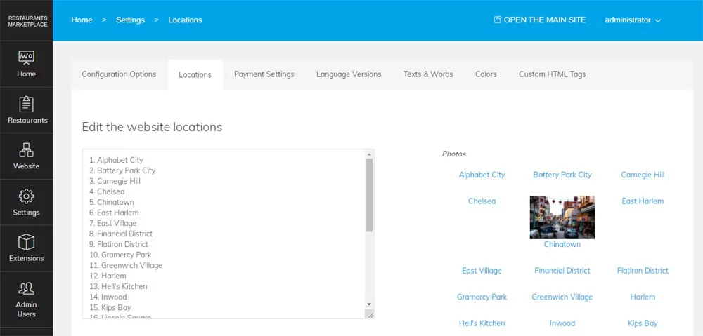 Editing website locations PHP Restaurant Marketplace Script