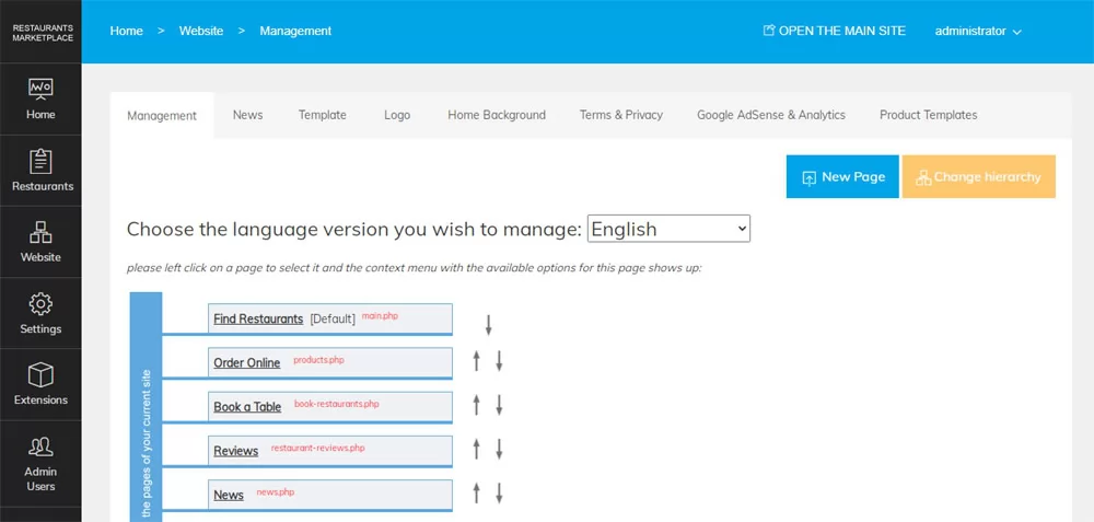 PHP Restaurant Marketplace Script editing the site pages