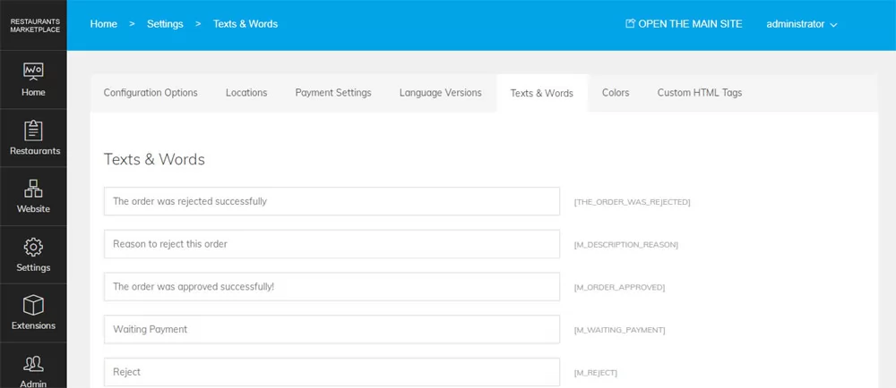 PHP Restaurant Marketplace Script editing the interface texts and words