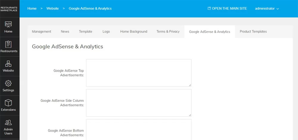 PHP Restaurant Marketplace Script adding google advertisements or analytics