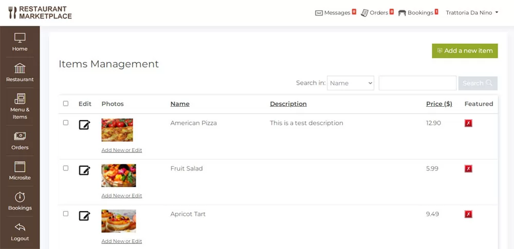Menu items management in the admin panel PHP Restaurant Marketplace Script