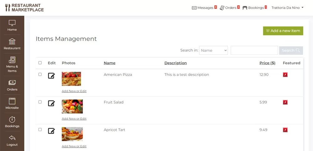 PHP Restaurant Marketplace Script menu items management in the admin panel