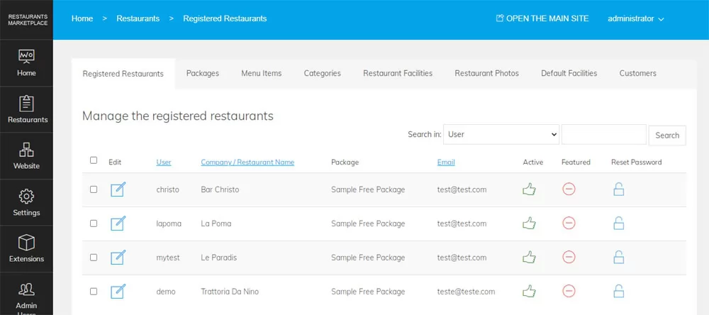 Managing the registered restaurants PHP Restaurant Marketplace Script