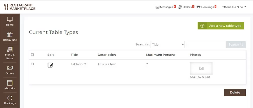PHP Restaurant Marketplace Script managing the table types