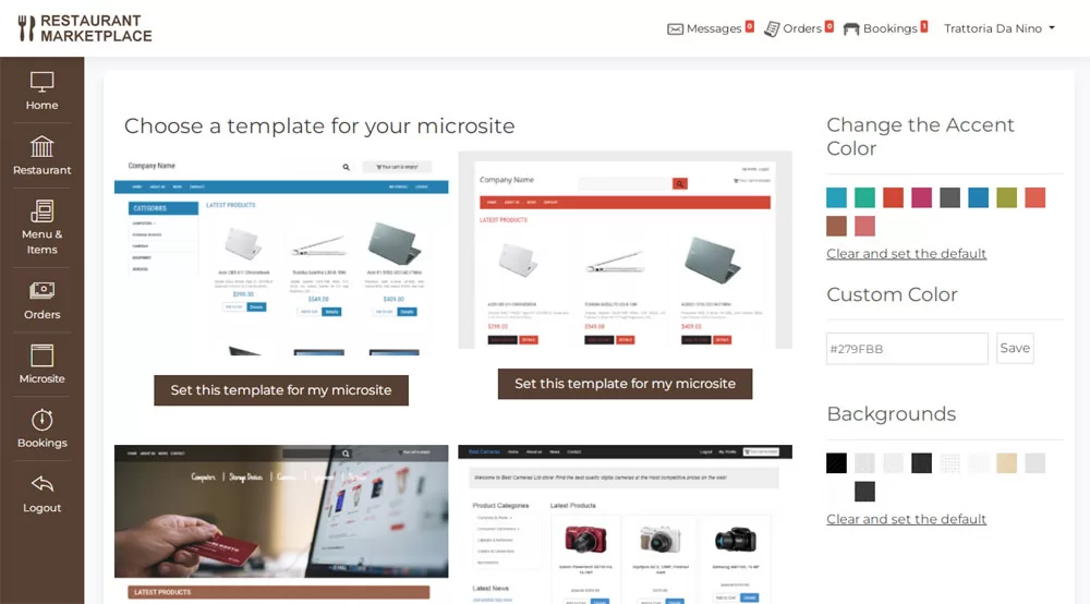 PHP Restaurant Marketplace Script setting the microsite template and colors