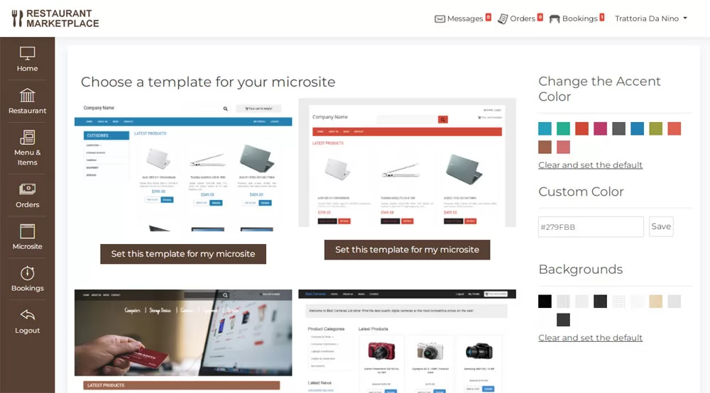 Setting the microsite template and colors PHP Restaurant Marketplace Script