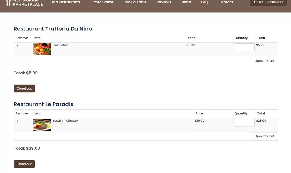 PHP Restaurant Marketplace Script ordering food from different restaurants