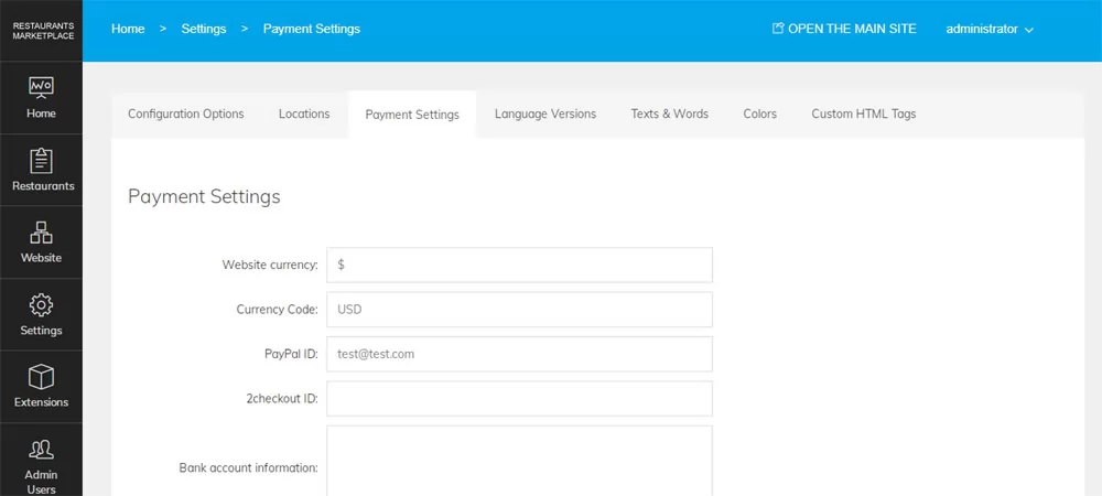 PHP Restaurant Marketplace Script Payment Settings