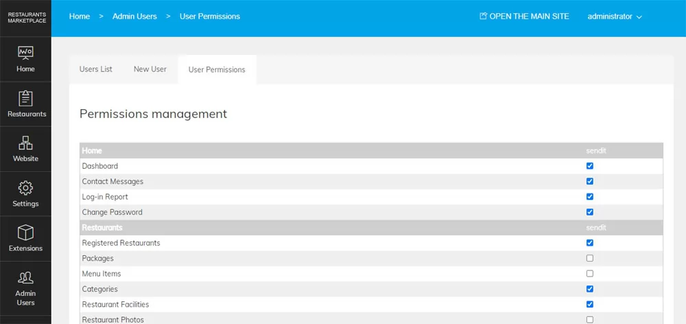 Setting the admin panel permissions PHP Restaurant Marketplace Script