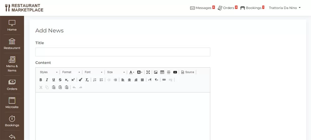 PHP Restaurant Marketplace Script posting news on the restaurant's page