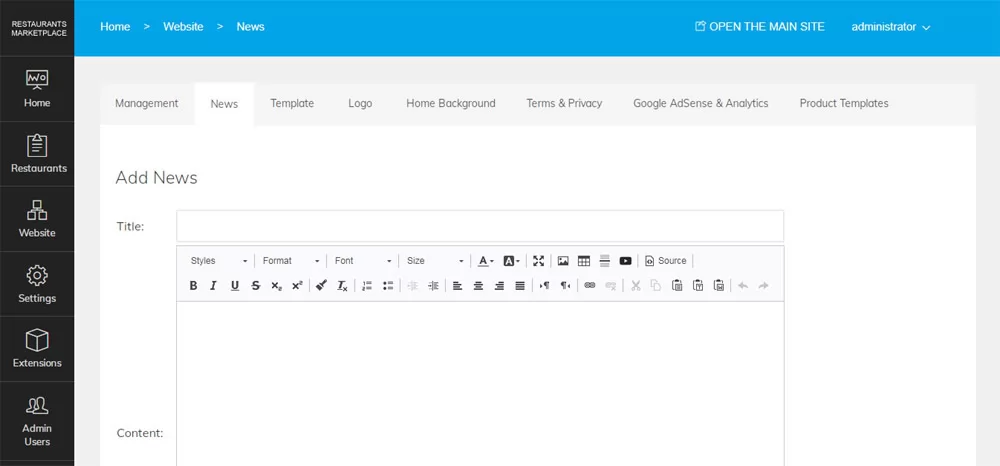 PHP Restaurant Marketplace Script posting news on the main site