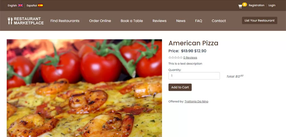PHP Restaurant Marketplace Script Product Details Page