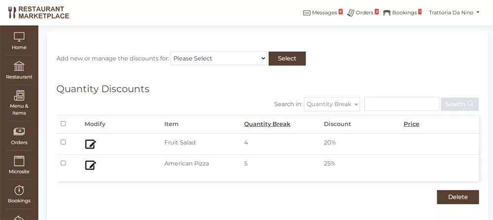 Creating quatity discounts PHP Restaurant Marketplace Script