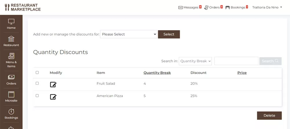 PHP Restaurant Marketplace Script Creating quatity discounts