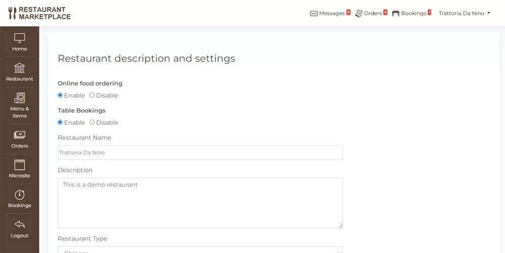 PHP Restaurant Marketplace Script restaurant description and settings page