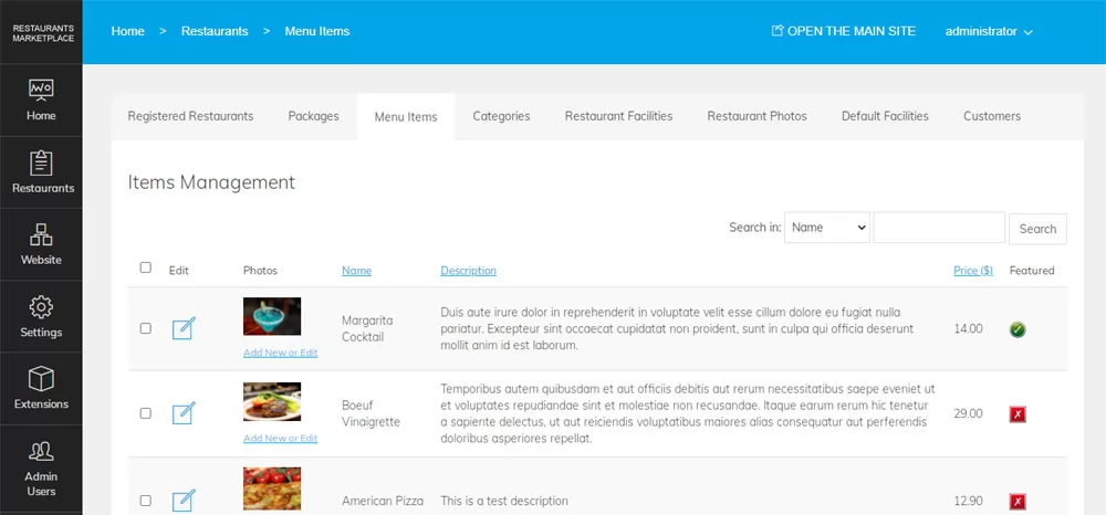 PHP Restaurant Marketplace Script Moderating the restaurant menu items