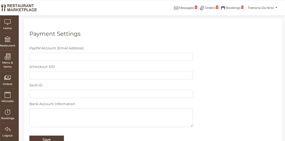 PHP Restaurant Marketplace Script restaurant payment settings