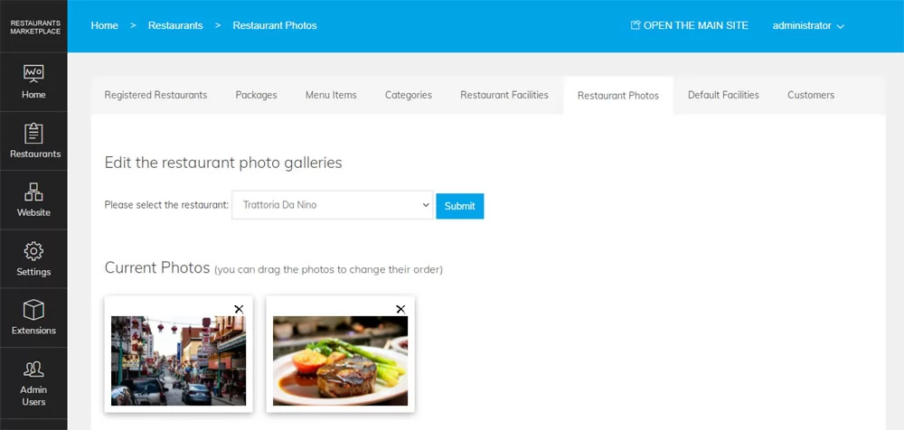 PHP Restaurant Marketplace Script editing the restaurant photo galleries