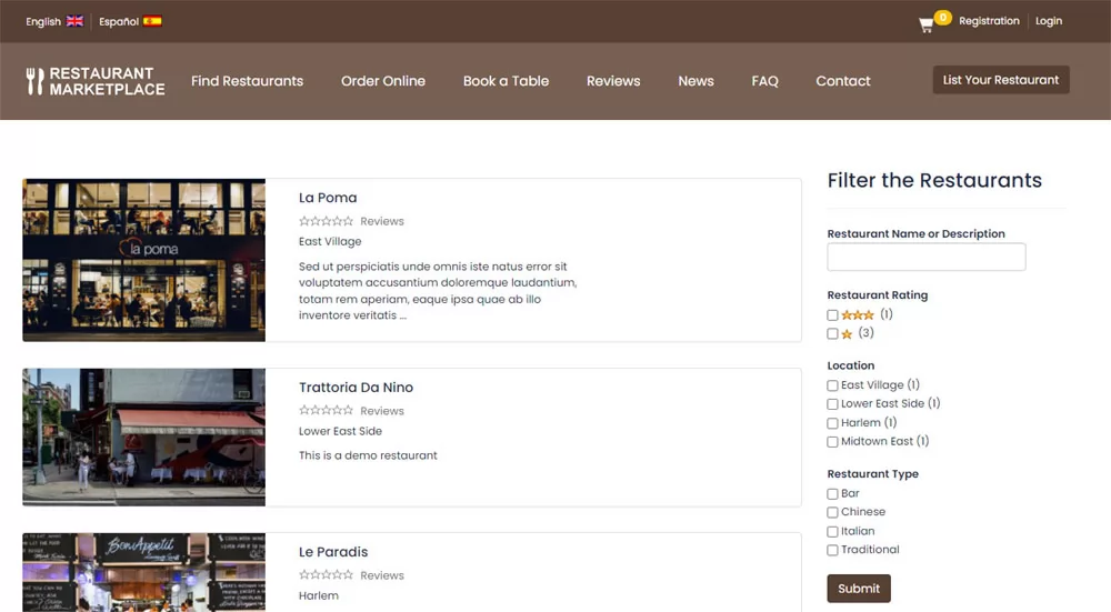 PHP Restaurant Marketplace Script restaurants search result