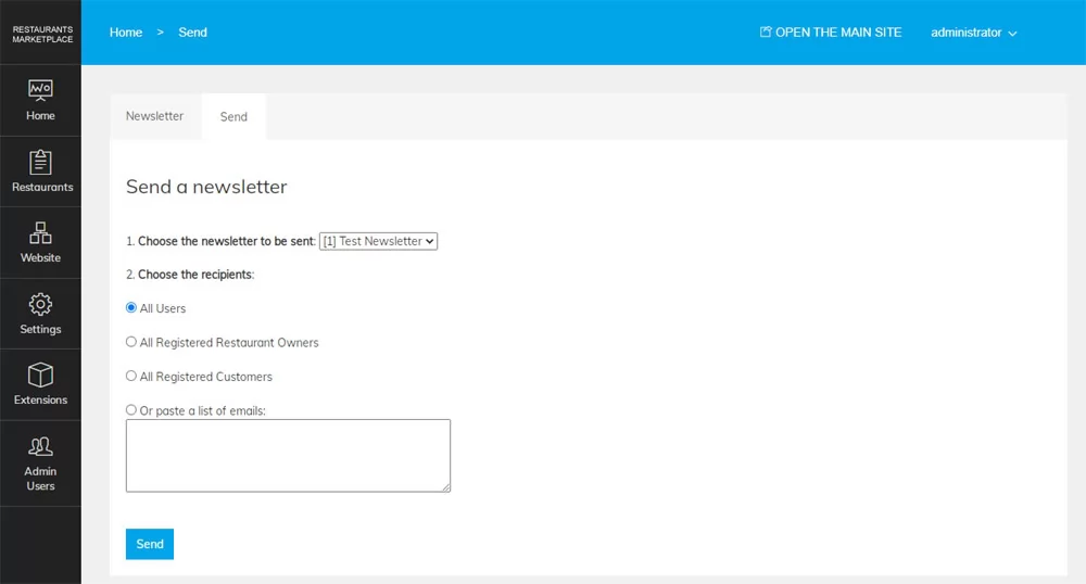 Sending newsletter to the registered users PHP Restaurant Marketplace Script