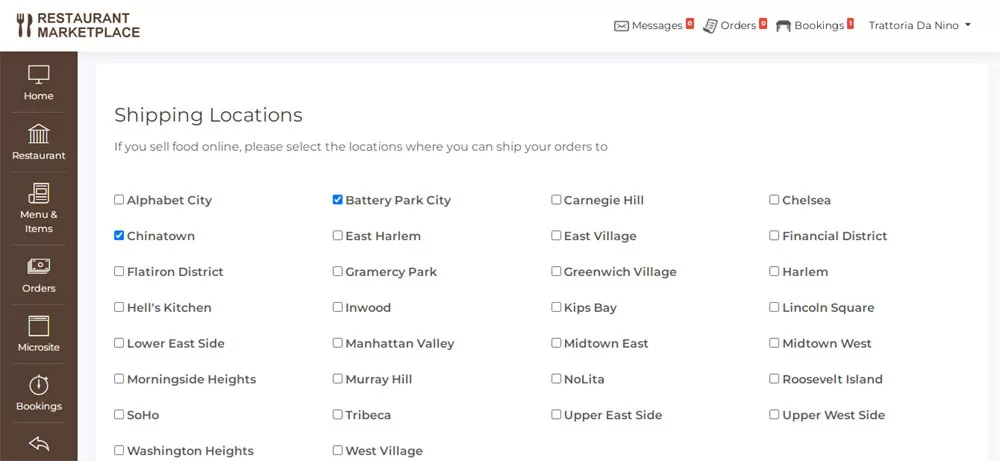 PHP Restaurant Marketplace Script setting the shipping locations