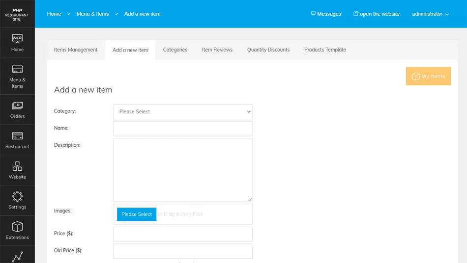 Adding a new product in the PHP Store admin panel php restaurant site script