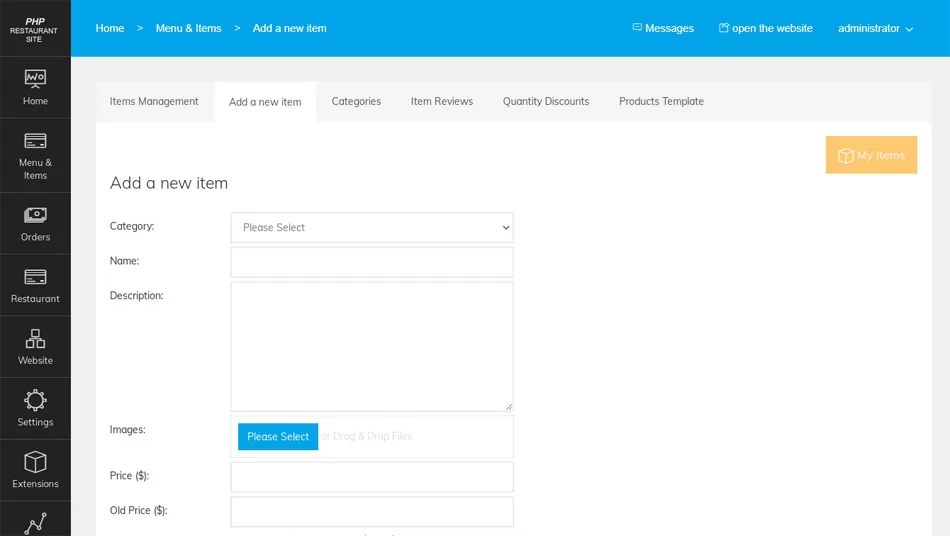 php restaurant site script adding a new product in the php store admin panel