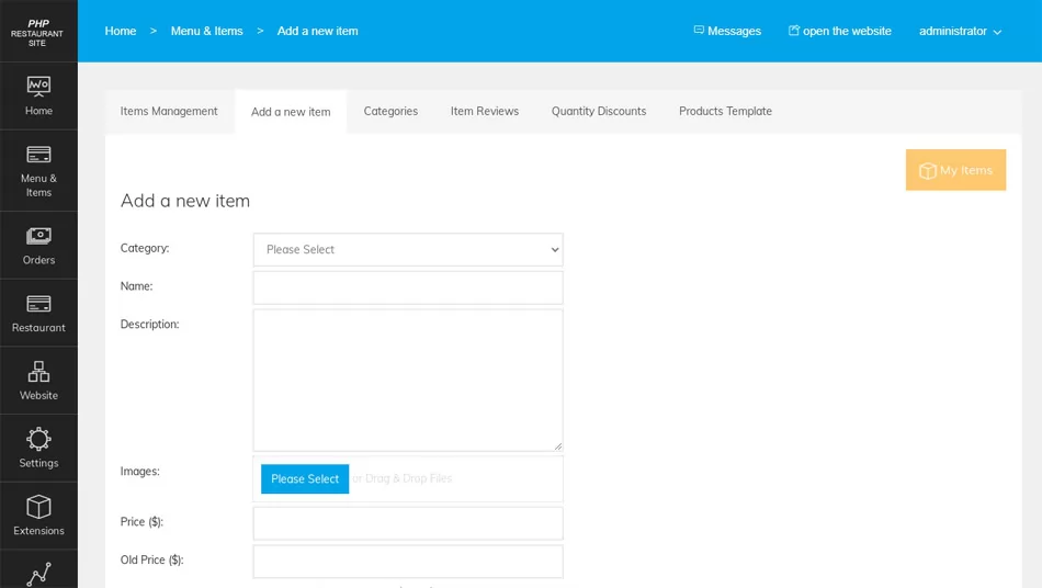 php restaurant site script Adding a new product in the PHP Store admin panel