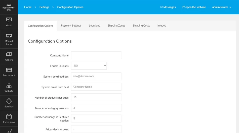 Opciones de configuración script de sitio de restaurante php