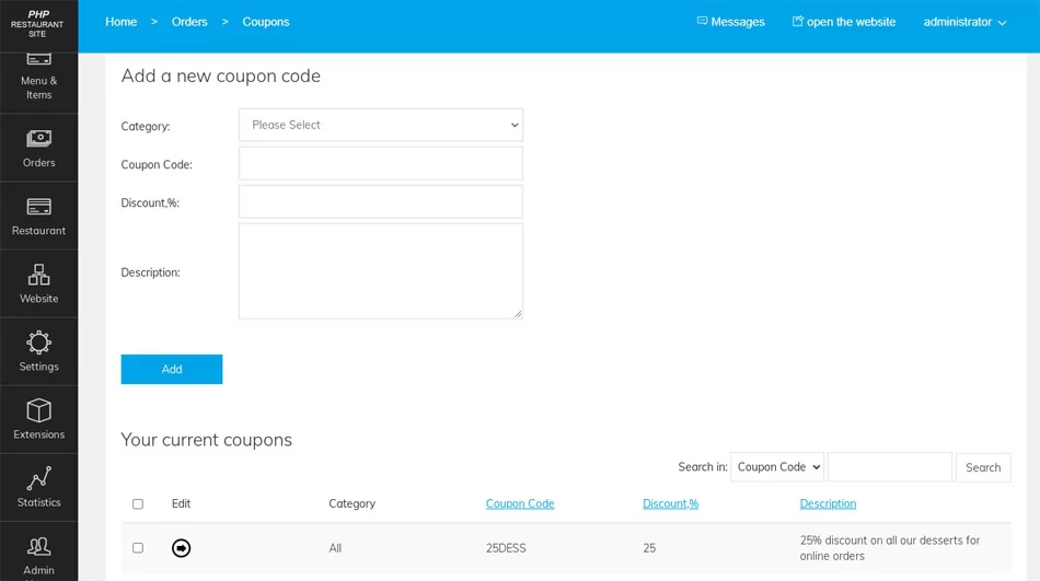 php restaurant site script coupons management