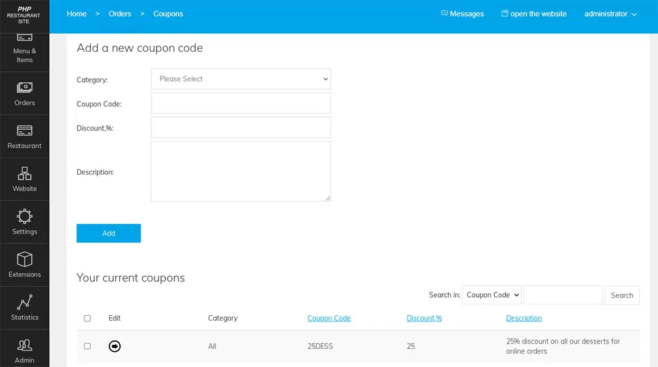 Coupons Management php restaurant site script