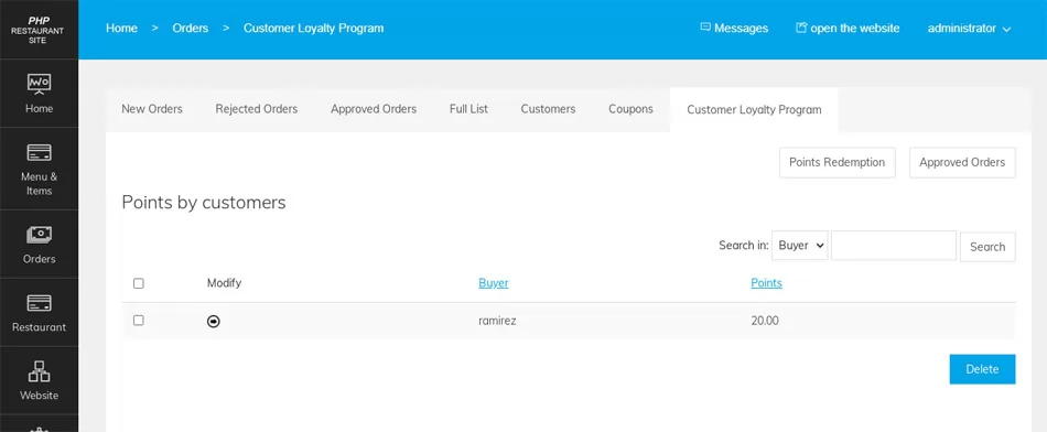 php restaurant site script customer loyalty program