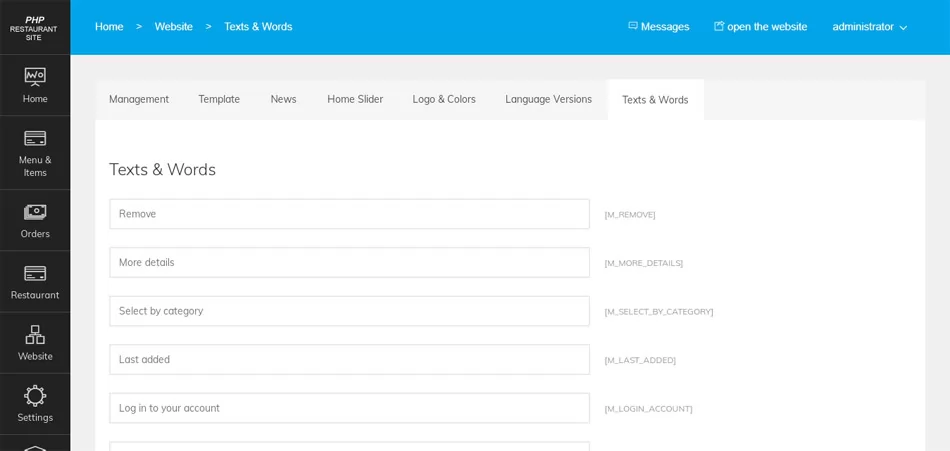 php restaurant site script Editing the texts