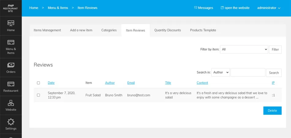 php restaurant site script product reviews