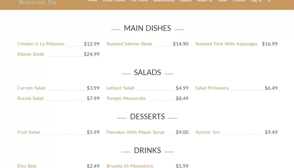 List menu on the main site php restaurant site script