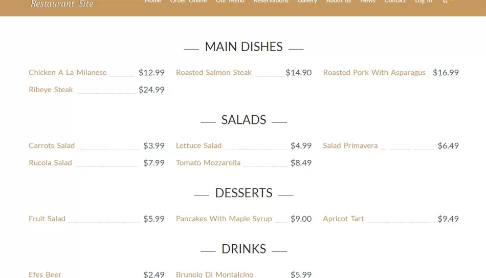 php restaurant site script list menu on the main site