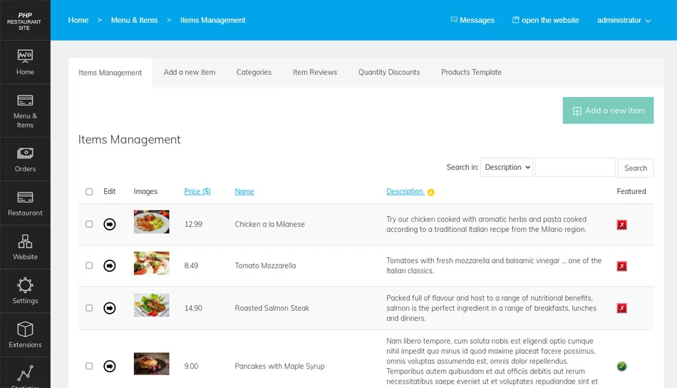 Menu Items Management in the admin panel php restaurant site script