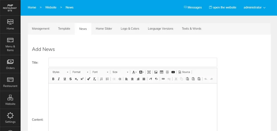 php restaurant site script news management