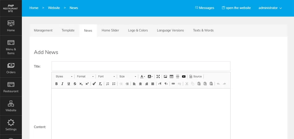 News Management php restaurant site script