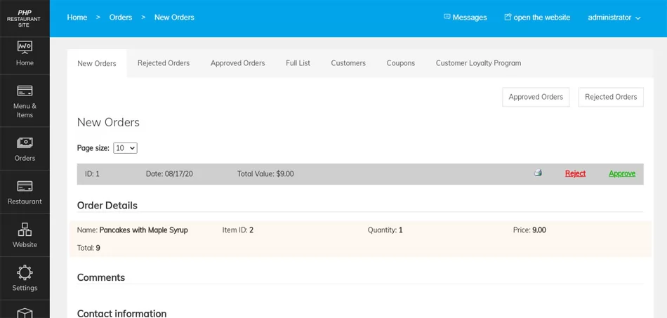 php restaurant site script orders management