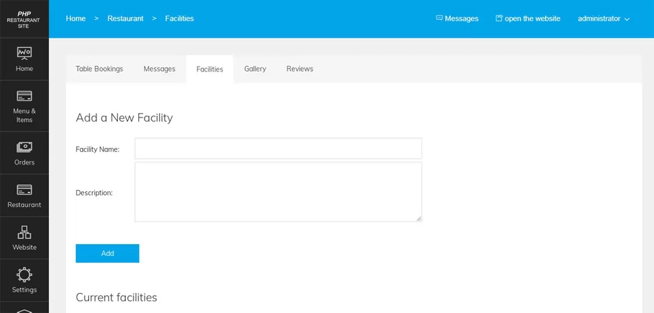 Restaurant facilities php restaurant site script