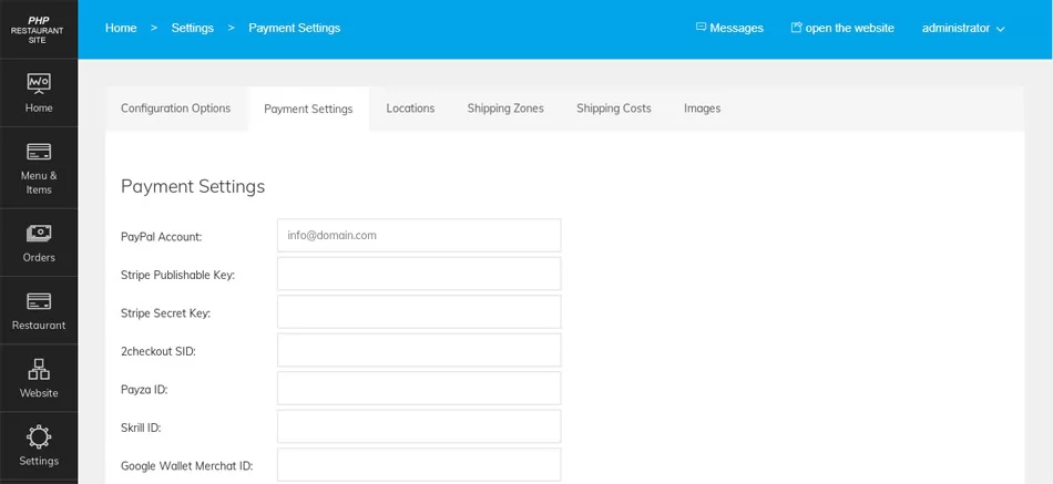 php restaurant site script payment settings