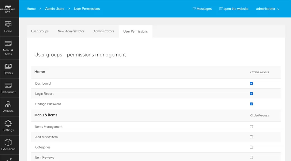 php restaurant site script administrator users and permissions