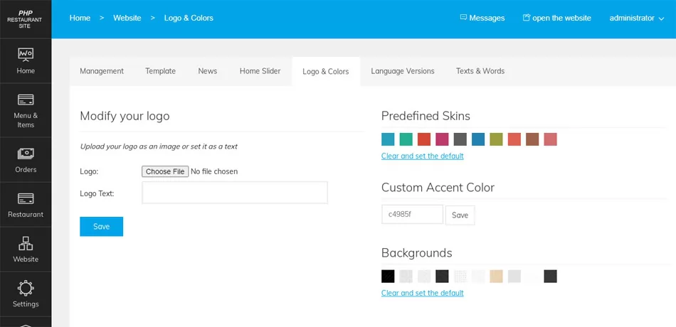 Customizing the site colors from the admin panel php restaurant site script